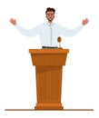 Latino-american businessman standing behind a lectern. Character wearing