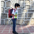 Latino boy with uniform shirt, mask, backpack, notebook and bottle of water back to school in the new normal due to the Coronaviru Royalty Free Stock Photo