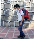 Latino boy with uniform shirt, mask, backpack, notebook and bottle of water back to school in the new normal due to the Coronaviru Royalty Free Stock Photo