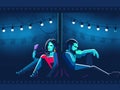 Latino couple sitting on opposite sides of the wall. Illusion of film frame. Modern flat style neon illustration
