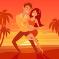 Latino dancer on beach vector illustration. Cuban couple of happy woman and man. Salsa, samba, bachata or zouk dance