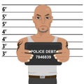 Latino gangster with tattoos holding mugshot