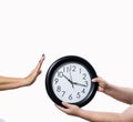 Latino Hands Holding Clock - Refusal to Full Time Job Royalty Free Stock Photo