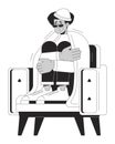 Latino man in armchair sitting under blanket black and white 2D line cartoon character