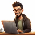 Latino man with a beard working with computer laptop at a desk. Software developer, programmer or system administrator