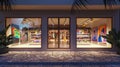 a Latinoamerica facade adorned with three stores, each featuring large glass display cases showcasing their merchandise.