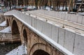 View of Latinska kuprija the Latin Bridge crossing the Miljacka river central Sarajevo city. Bosnia and Herzegovina Royalty Free Stock Photo