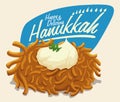 Latke with Sour Cream and Hanukkah Message, Vector Illustration Royalty Free Stock Photo