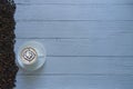 Latte art coffee in a coffee cup left side  top view isolated on white wooden background Royalty Free Stock Photo