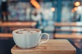 Latte art coffee, cup of hot coffee on wooden tray and dark table. Royalty Free Stock Photo