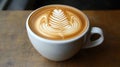 Close up of Latte Art Coffee in White Cup on Wooden Table Royalty Free Stock Photo