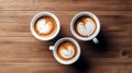 latte art cups coffee top view with on wooden table flat lays style generative ai