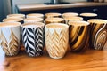 latte art patterns on multiple coffee cups lined up Royalty Free Stock Photo
