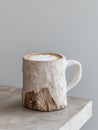 Latte art in a rustic tree trunk mug