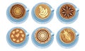 Latte Art. Top View Coffee Foam Drawing Vector Illustration Collection