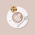 Latte art top view. Cup of coffee with milk on a plate with teaspoon and chocolate cookie. Vector illustration, flat design