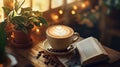 Cozy Coffee Break Latte Art, Book, and Plant by Window Royalty Free Stock Photo
