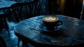 Latte Art Coffee Cup on Dark Wooden Table in Cozy Cafe Atmosphere Royalty Free Stock Photo