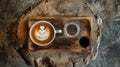 Aromatic coffee with latte art on a rustic wooden surface, served with water and espresso shot. Royalty Free Stock Photo