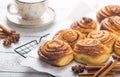 Latte or cacao and Cinnamon Bun for breakfast or break on white background. Cup of coffee and homemade buns Royalty Free Stock Photo