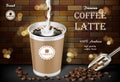 Latte coffee cup with milk splash and beans ads. 3d illustration of hot arabica coffee mug. Product paper retro bag