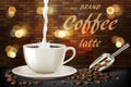 Latte coffee cup with milk splash and beans ads. 3d illustration of hot coffee mug. Product retro design with bokeh and