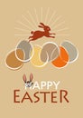 Latte coloured Happy Easter card with coloured eggs and a red-brown rabbit