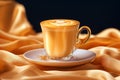 Latte in a glass cup on draped satin fabric