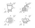Latte, Hamburger and World water icons set. Espresso cream sign. Coffee beverage, Burger with drink, Aqua drop. Vector