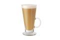 Latte macchiato in beautiful cup on an isolated white background with natural shadow. Cappuccino foamy coffee and milk drink