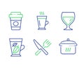 Latte, Mint leaves and Takeaway coffee icons set. Food, Wine glass and Boiling pan signs. Vector