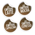 Latte, Mocha, Cappuccino and Espresso coffee Royalty Free Stock Photo