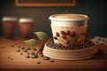 Latte in paper cup and coffee beans in bowl on wooden table Royalty Free Stock Photo