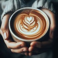 Latte patterns on a held cup of warm coffee