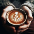 Latte patterns on a held cup of warm coffee