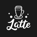 Latte text. Hand drawn vector logotype with lettering typography and glass of coffee isolated on black background Royalty Free Stock Photo