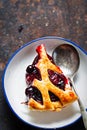 Lattice autumn fruit pie, with blackcurrant, blackberry, cherry compote in puff pastry pie.