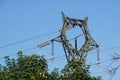 Lattice-type steel tower fragment over blue sky as a part of high-voltage line. Overhead power line details