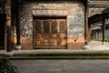 Latticed wooden door of Chinese traditional building in sunny af