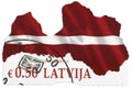 LATVIA - 2018: A contemporary postage stamp printed in LATVIA, stylized red white flag of the Republic of Latvia, European Union