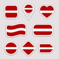 Latvia flag stickers set. Latvian national symbols badges. Isolated geometric icons. . Vector official flags collection