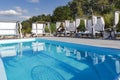 Gazebos for relaxation near the swimming pool on the Baltic Sea beach Royalty Free Stock Photo