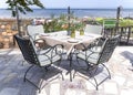 Open veranda of a restaurant with a served table overlooking the Baltic Sea coast in Majori, Jurmala