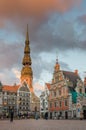 LATVIA RIGA AUG 2018 evening view of the saint peter tower and blackhead house in the Old Riga