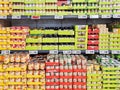 Delicious and healthy canned legumes on shelf of supermarket in Riga Royalty Free Stock Photo