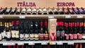 Shelves with various of wines from Italian and Spanish vineyards in the shopping mall in Riga, Latvia