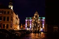 Latvia. Festive festivities of people on the night streets of Riga. Christmas in Riga. January 01, 2018