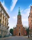 Latvia Riga, Gertrudes church, old town center with a blue sky. Silent town in the early morning light. Travel photo.