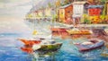 A fragment of an canvas oil painting with boats at the pier