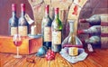 A fragment of an canvas oil painting on the theme of wine and cheese